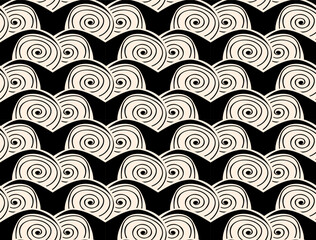 Whimsy quirky circles waves , black and white hand-drawn funky whimsical abstract scallops circular shapes seamless pattern repeat design, vector illustration