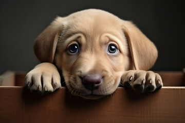 Cute portrait of Labrador Puppy crawls out of a paper box