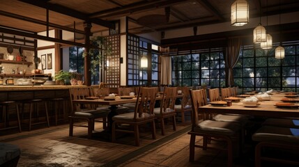 Asian restaurant with nature atmosphere and wooden furniture 