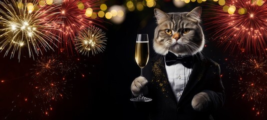 Happy new Year, Sylvester New Year's eve party, funny animals banner greeting card - Cat with suit, bow tie and champagne glass, fireworks pyrotechnics in the background at night - obrazy, fototapety, plakaty