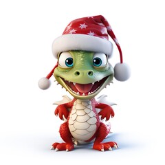 Cute dragon with christmas hat isolated in White background. New Year 2024 art.