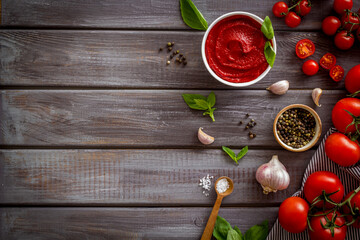 Classic Italian tomatoes sauce passata with basil and garlic for pasta