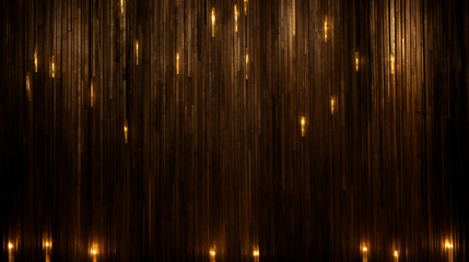 Fond graphique pour conception et création. Arrière-plan d'un mur en bois avec lattes verticales. Lumières, spot de lumière. Bougie, mur, parquet