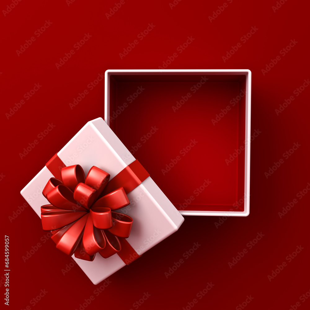 Poster Blank white gift box open or top view of white present box tied with red ribbon bow isolated on dark red background with shadow minimal conceptual 3D rendering