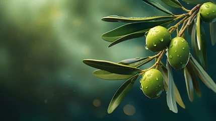 Gordijnen Branch of olive fruit with water drops and green leaves on blurred green background. © petrrgoskov