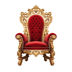 Luxury Baroque style throne chair in gilded wood and red velvet upholstery on clipped PNG transparent background - obrazy, fototapety, plakaty