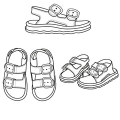 Vector of sketch sandals double-buckle for kids, isolated on a white background