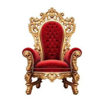 Luxury Baroque style throne chair in gilded wood and red velvet upholstery on clipped PNG transparent background