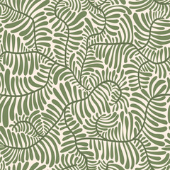 groovy curvy modern flowing botanical leafy branches design; abstract wavy foliage branches seamless pattern; vector illustration design in muted sage khaki olive green and cream tan pastel colors - obrazy, fototapety, plakaty