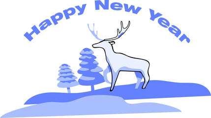 Happy New Year lettering. Deer and snowy Christmas trees. cartoon style. Vector illustration, postcard, decor, materials for printing.