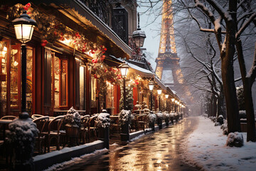 Paris, with festive lights and Christmas decorations, a light snowfall, and holiday-themed street decor, winter street - obrazy, fototapety, plakaty