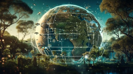 tracking environmental changes, a globe with digital overlays showing AI at work  