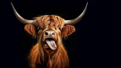 Funny Animals background - Scottish highland cow cattle with tongue out, isolated on black...