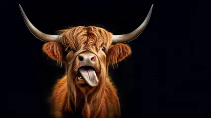 Poster de jardin Highlander écossais Funny Animals background - Scottish highland cow cattle with tongue out, isolated on black background..