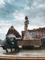 Nice, France, October 6, 2021:  Fontaine du Soleil, the Sun Fountain in Place Massena. This...