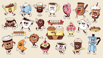 Groovy coffee stickers set vector illustration. Cartoon isolated retro happy cup with morning drink and pot, funny donut and cupcake characters, funky bean and text with balloon font for coffee break - obrazy, fototapety, plakaty