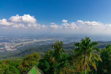 Panorama view of Chiangmai Chiang Mai city taken from Doi Suthep Mountains. Lovely views of the Old city at Sunset Sunrise lovely tropical mountains and beautiful nature in the foreground