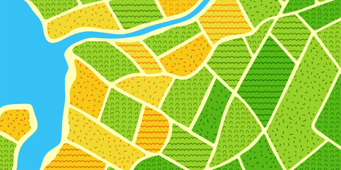 The background of the field. Illustration of a farm pattern. Fields, river, roads.