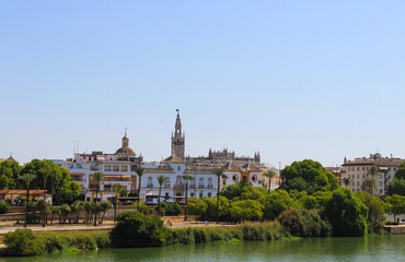 Fototapeta premium View of the waterfront of the Guadalquivir River in Seville, Andalusia, Spain.