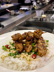 Close up view of a delicious grilled meat and rice dish in a restaurant kitchen - 684600492