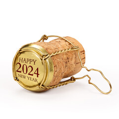 Champagne cork isolated on white background. Happy new year and 2024 text on golden cap. Includes clipping path.