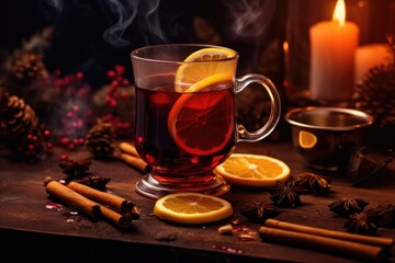 Mug with mulled wine with orange and cinnamon