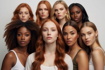 Portrait of beautiful mixed group of multicultural diversity people, international students or friends, Female models with red and brunette hair.