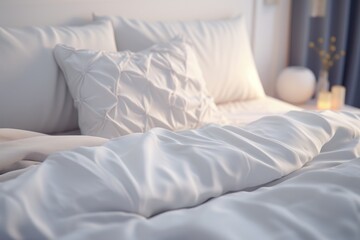 A white rumpled bed with pillows and a blanket on the bed