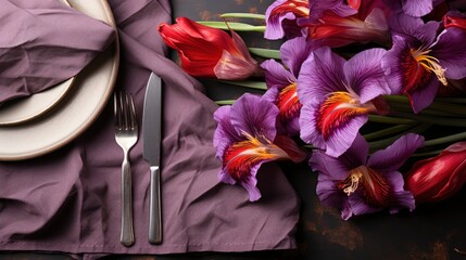 Table Setting Beautiful Iris Flower , Background HD, Illustrations