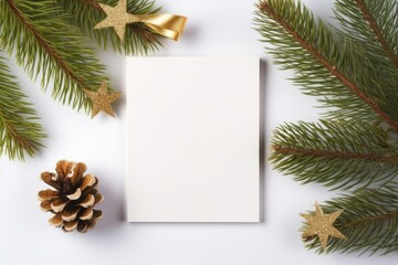 A mock-up of a white tag and a gift box with a New Year's decor with a Christmas tree