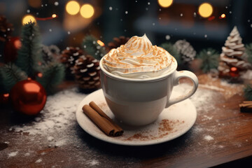Christmas cappuccino with cinnamon. AI generative.