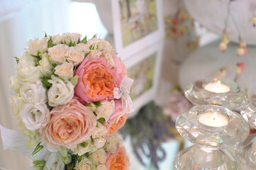 Luxury wedding bouquet. Wedding bouquet on the table.