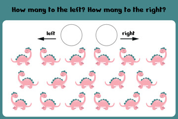 Fototapeta na wymiar Count how many dinos go to the right and left Logical game for children Left-right. Training sheet. Vector illustration
