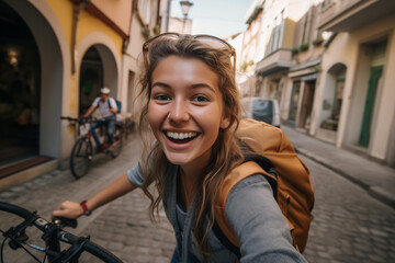 Beautiful young woman riding a bike in old town
