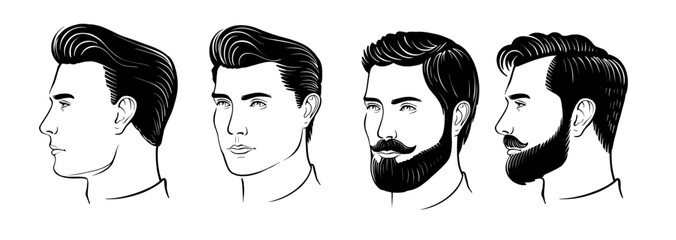 Man with beard. Face with hairstyle set - obrazy, fototapety, plakaty