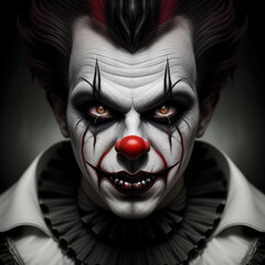 Atmospheric portrait of a sinister scary whiteface circus clown.  Generative AI