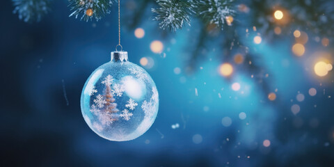 Fototapeta na wymiar Christmas tree decoration with ball on the snow on blue bokeh background