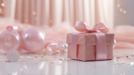 Pink gift box on blurred bokeh background