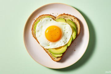 A fried egg with avocado on a heart shaped slice of toast