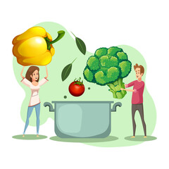 set of illustrations of proper healthy eating. People prepare proper food from fresh vegetables, a set of vegetables, dishes, people. Vector