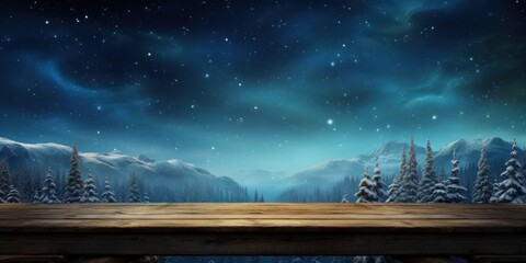 Empty old wooden table over magic dark blue glitter Christmas background