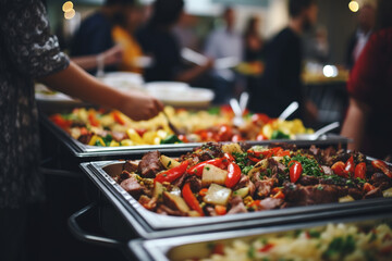 People group catering buffet food indoor in restaurant with meat colorful fruits and vegetables - obrazy, fototapety, plakaty