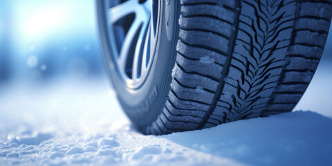 A close-up of a car wheel in the snow. 