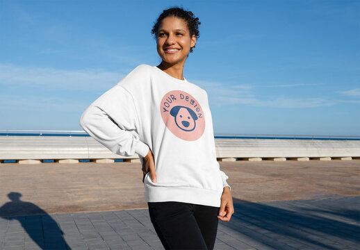 Mockup of woman wearing customizable sweatshirt, hand on hip