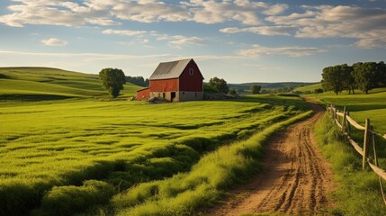 Green fields rural barns