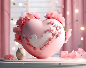 3d the Earth decorated for Valentine's day, red heart globe with flowers in it on a pink background, light beige and silver, cute cartoonish designs