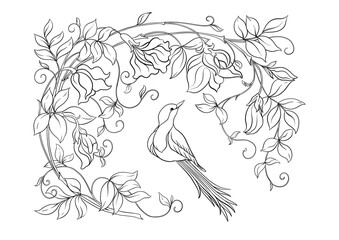 Fantasy flowers and bird, decorative flowers and leaves in art nouveau style, vintage, old, retro style. Clip art, set of elements for design Vector illustration. Outline hand drawing.