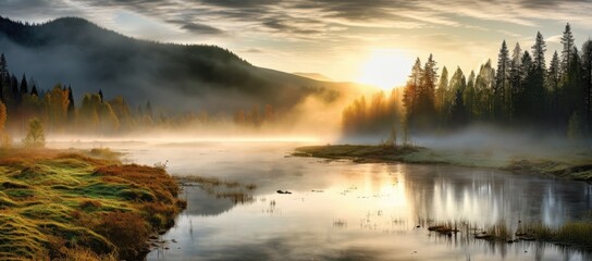 A Serene Reflection: A Captivating Painting of a Tranquil Lake Surrounded by Majestic Trees created images with generative ai