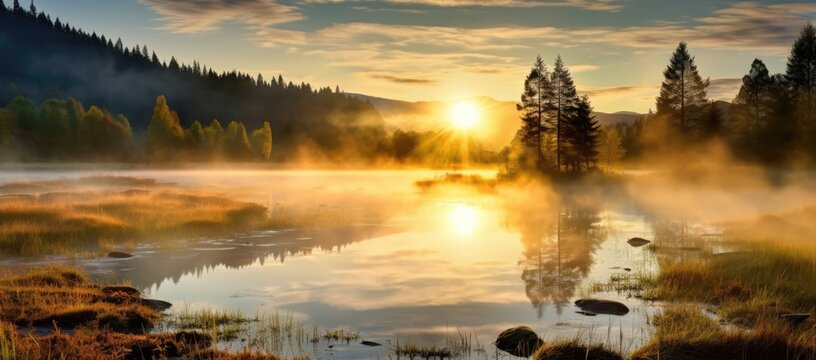 The Majestic Sunset Casting a Warm Glow Over the Enchanting Misty Lake created images with generative ai