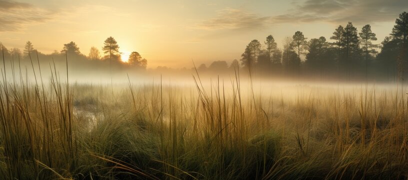 A Serene Morning: Misty Fields and Majestic Trees in the Distance created images with generative ai